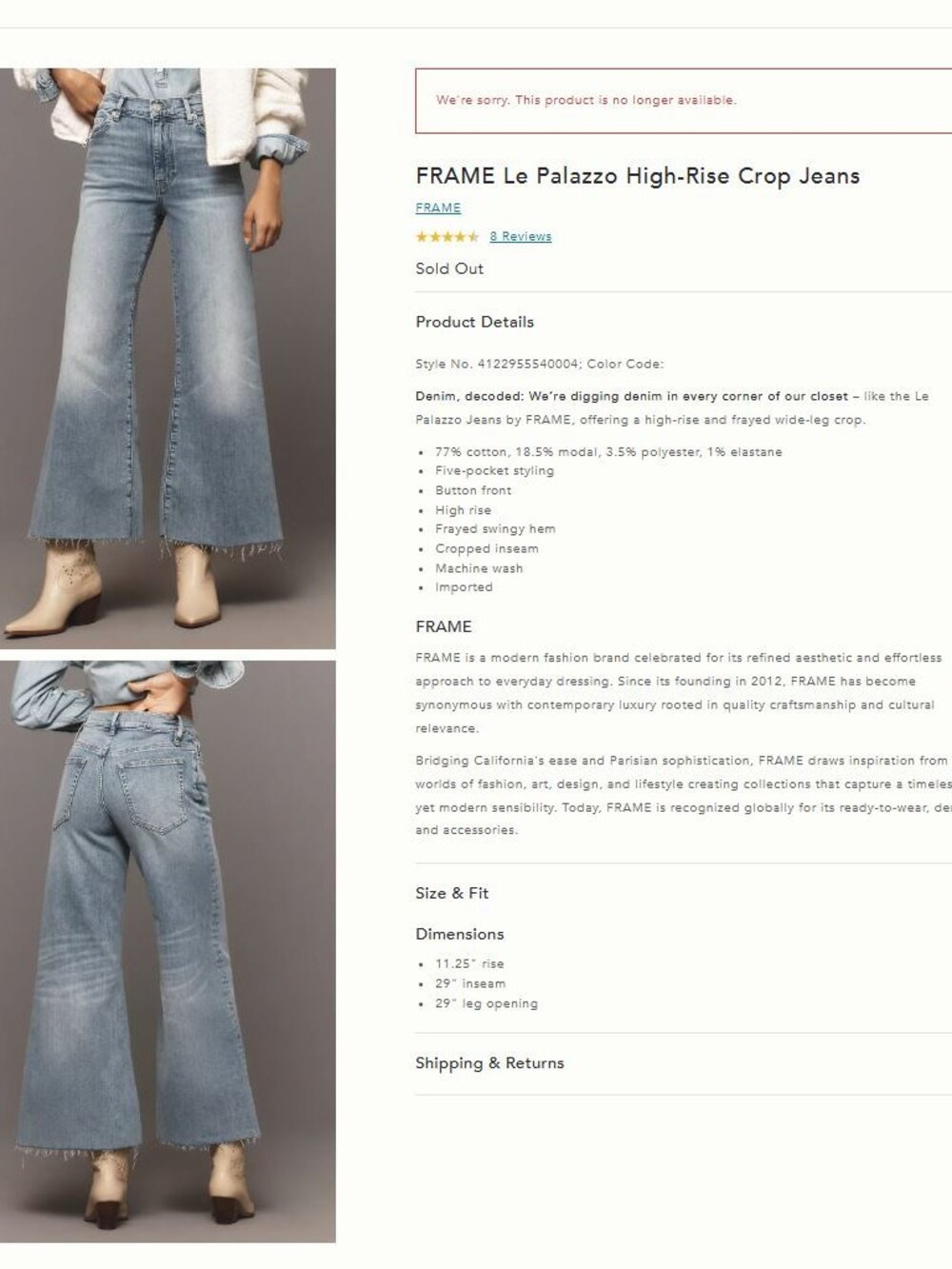 FRAME Le Palazzo High-Rise Cropped Jeans - NWT sz 30 - Picture 2 of 9